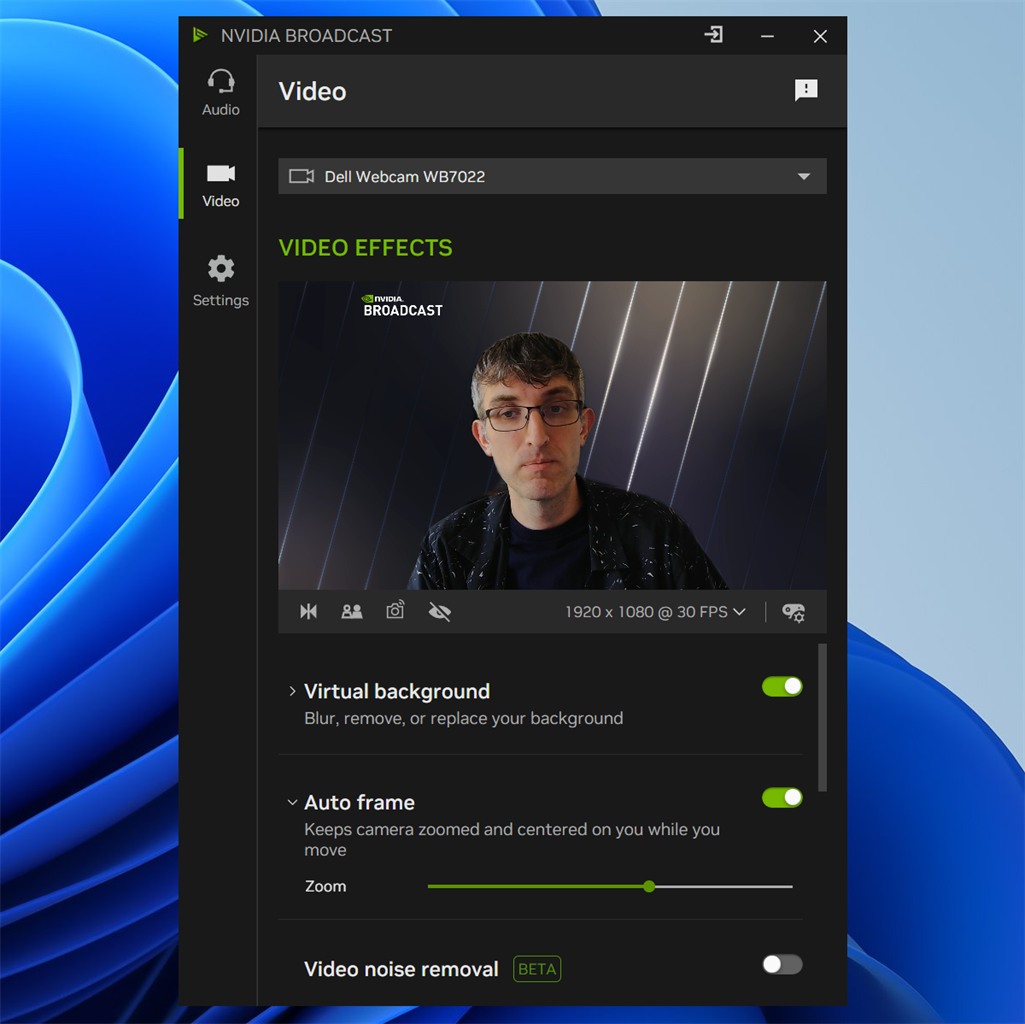 NVIDIA broadcast video settings showing options as well as the author